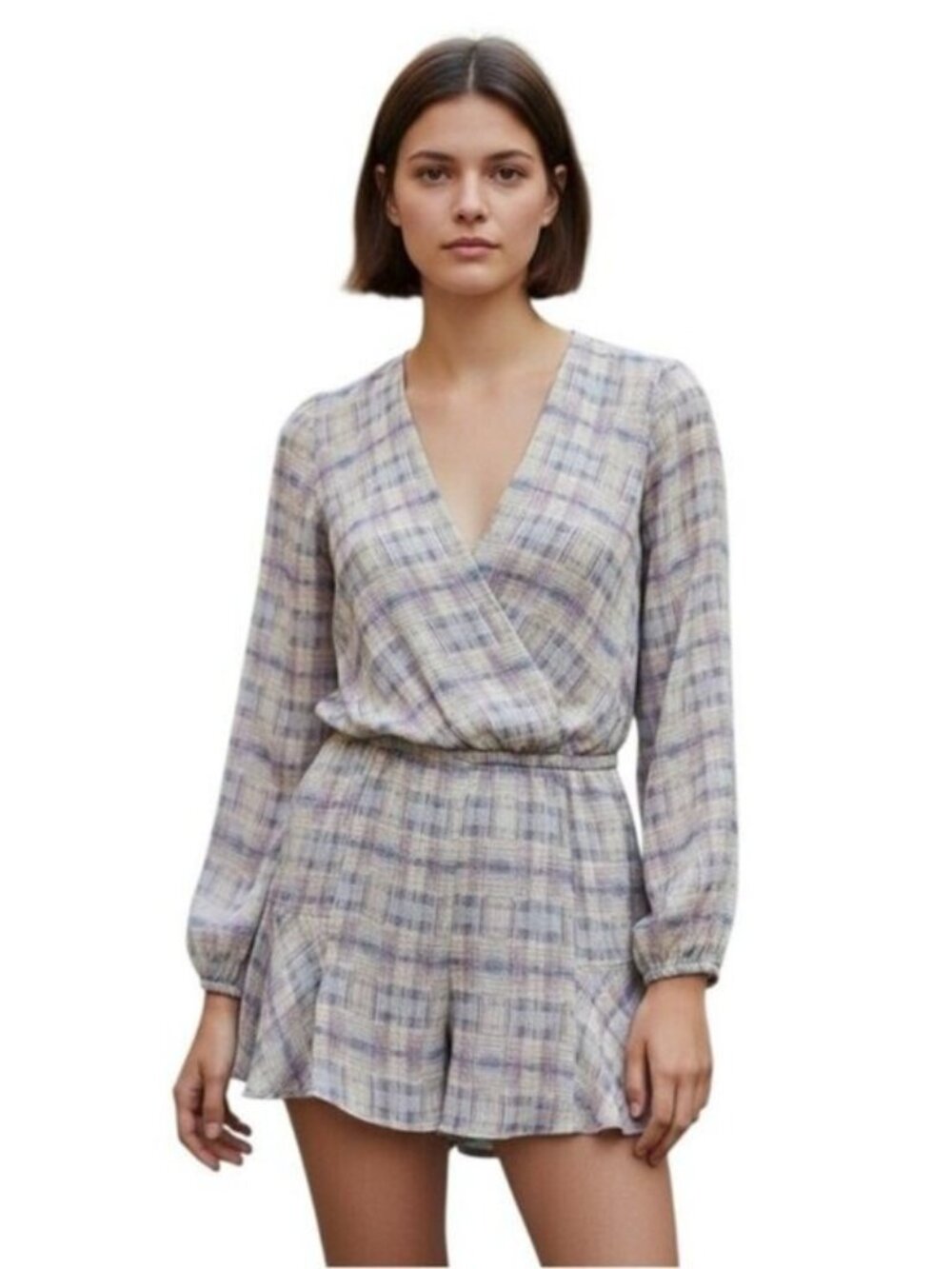 Line & Dot Keyhole Back Ikat Print Romper Gray Small
